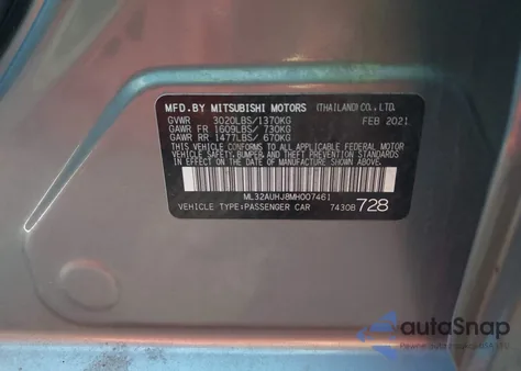 2021 Mitsubishi Mirage Carbonite Edition/Es/Le z USA, uszkodzony, nr VIN ML32AUHJ8MH007461